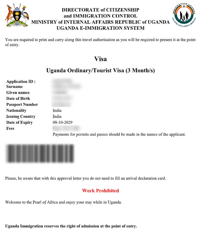 Sample Uganda e-Visa approval letter
